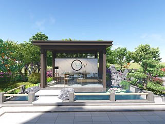 新中式花园庭院景观 现代水池<em>景墙</em> 休闲座凳 廊架亭子